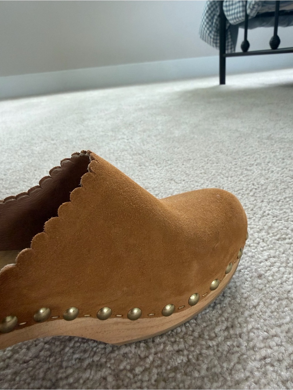 Bensimon Suede Leather Wooden Clogs Mules Scalloped Tan Women’s Size 38 - Picture 4 of 9